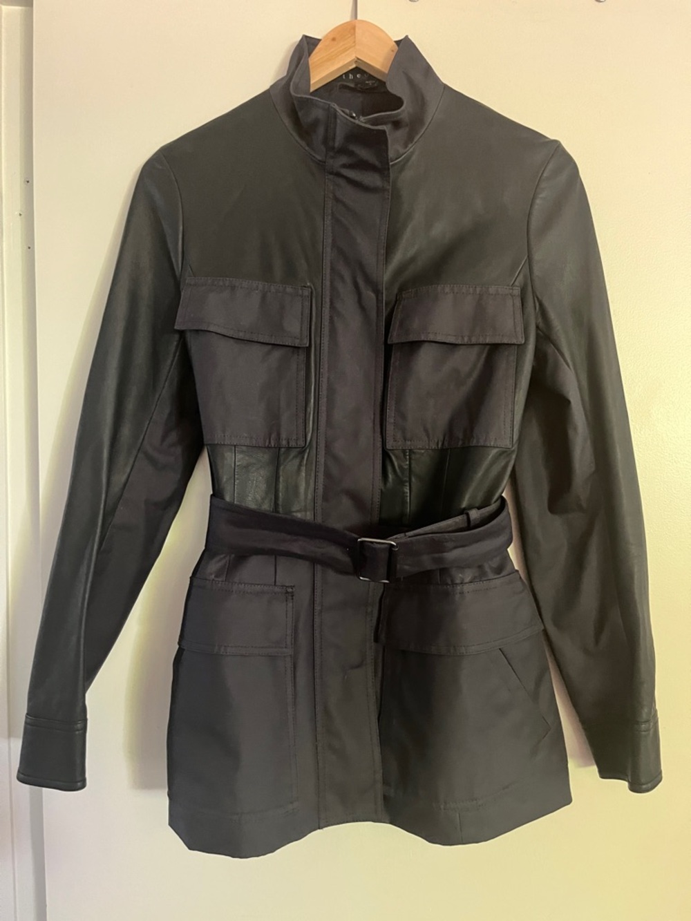Women's Navy leather and cotton canvas  Belted Utility Jacket